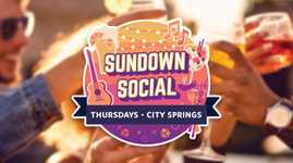 Emblem for Sundown Social, it features string lights, mixed drinks, a guitar, music notes, and dice. It reads, 