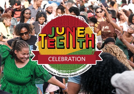Juneteenth Celebration emblem with people dancing in the background