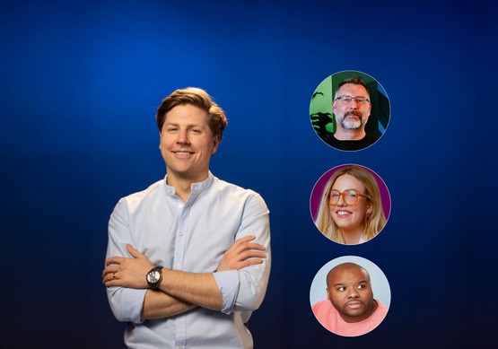 Funny Fridays host Joel Byars with Greg Behrens, Shelley Gruenberg, and Mark Kendall