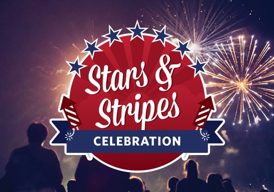 Promotional banner for the Stars & Stripes Celebration featuring red, white, and blue fireworks