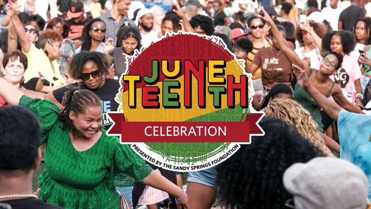 Juneteenth Celebration emblem with people dancing in the background