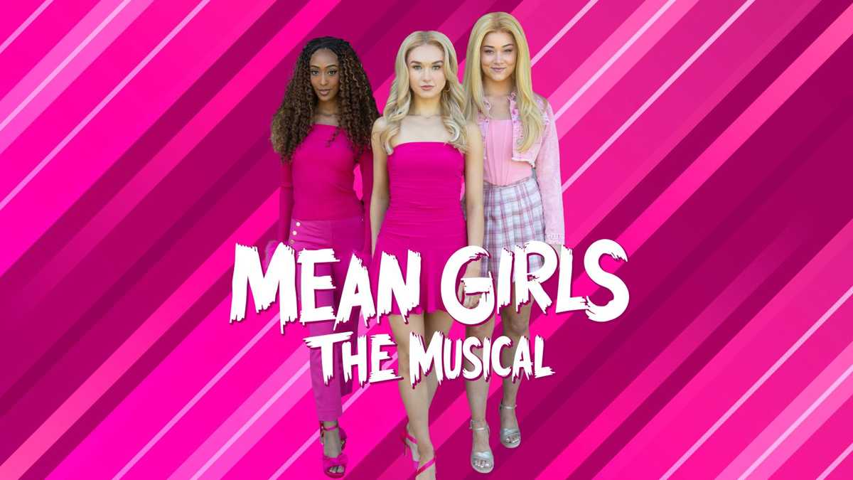 Photo of 3 "Mean Girls" dressed in pink, on a hot pink striped background